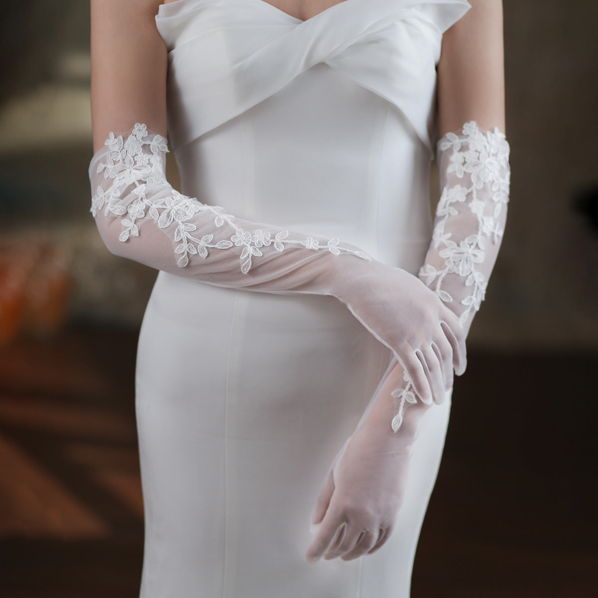 Florence romantic bridal gloves made with sheer polyester and lace