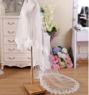 Romantic white wedding veil with elegant lace edge detail