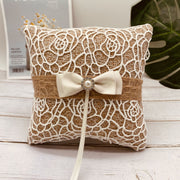 Square rustic wedding ring cushion with ivory lace decoration