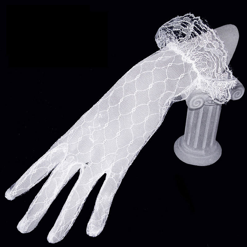 Amelie sheer diamond mesh bridal gloves with romantic ruffled cuffs