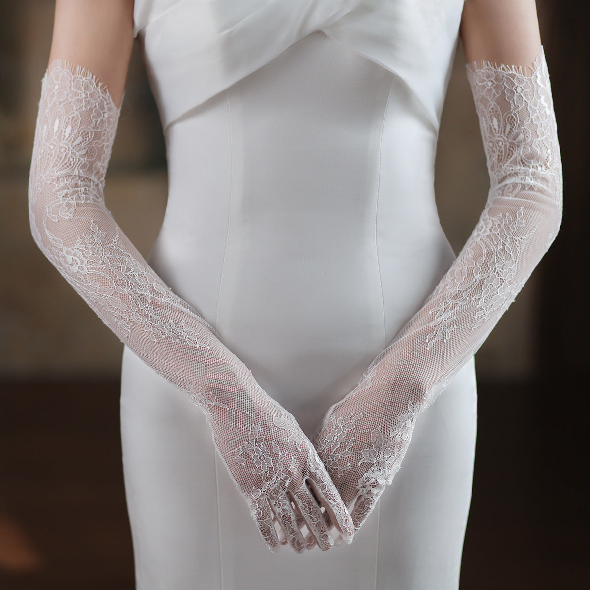 Florence ivory-white floral lace bridal gloves with sheer lace and decorative edging