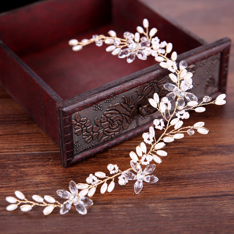 Flexible gold wedding hair vine with faux pearls