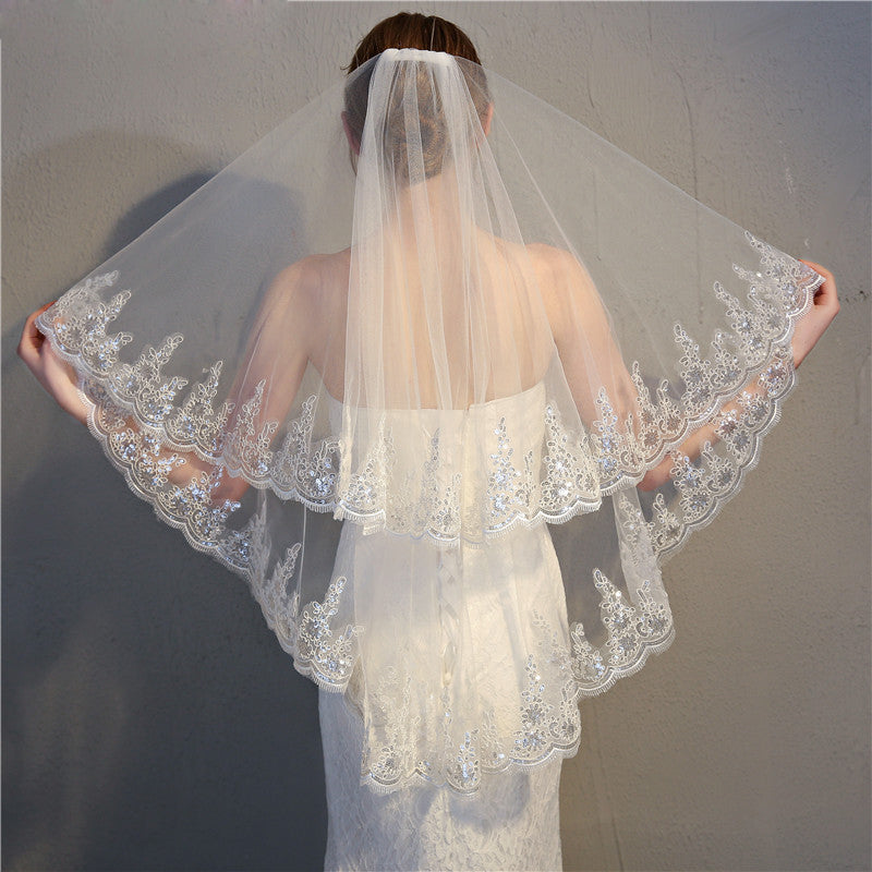 Lucienne scalloped lace bridal veil with embroidered edging