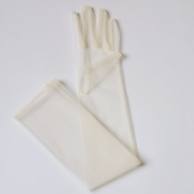Long unembellished white wedding gloves approximately 70 cm in length