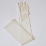 Long unembellished white wedding gloves approximately 70 cm in length