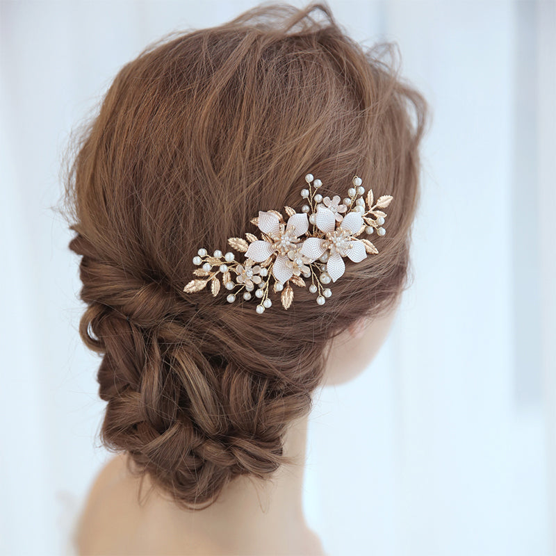 Aurelia gold pearl floral bridal hair comb