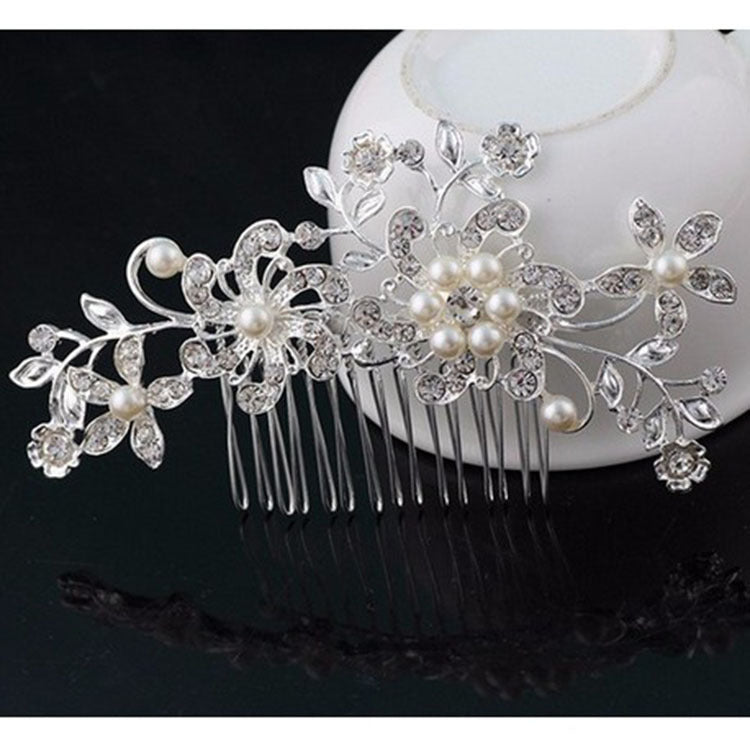 Camille silver-tone floral bridal hair comb with faux pearls and sparkling accents