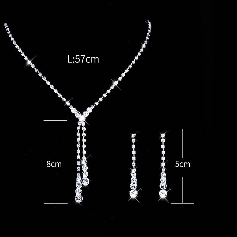 Seraphina bridal jewelry set size guide showing necklace length, tassel drop, and matching earring measurements