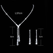 Seraphina bridal jewelry set size guide showing necklace length, tassel drop, and matching earring measurements