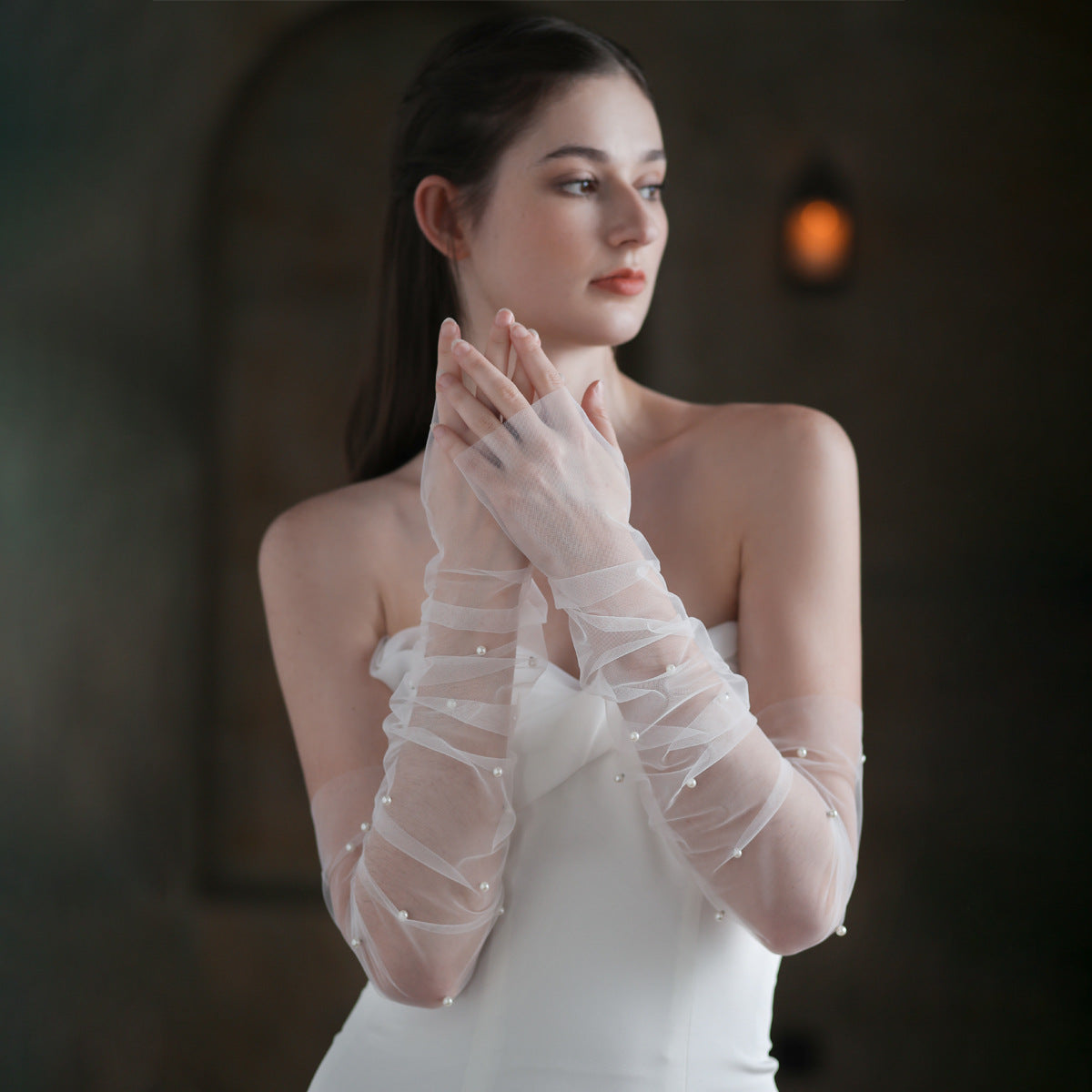 Isla gathered sheer wedding gloves approximately 52 cm long