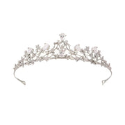 Adeline silver-tone floral bridal tiara with delicate leaf motifs and sparkling rhinestone accents on a white background