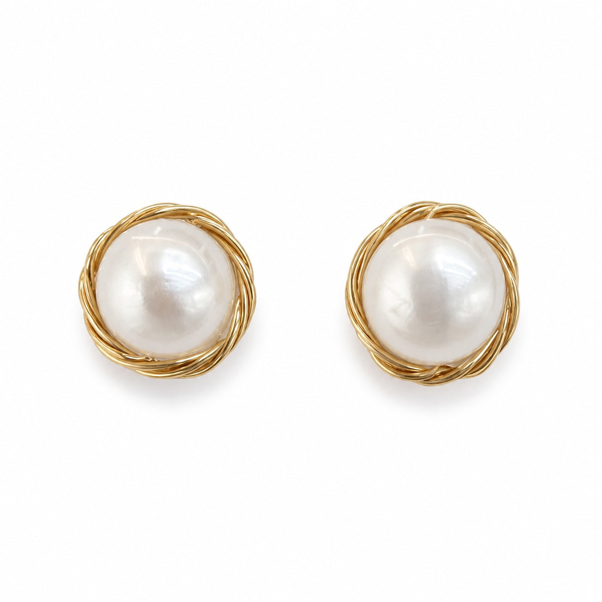 Gold wrapped natural pearl stud earrings with sterling silver posts