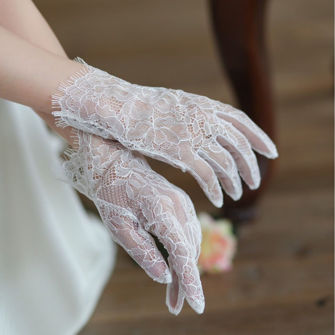 Florence ivory floral lace gloves, bridal accessory product view