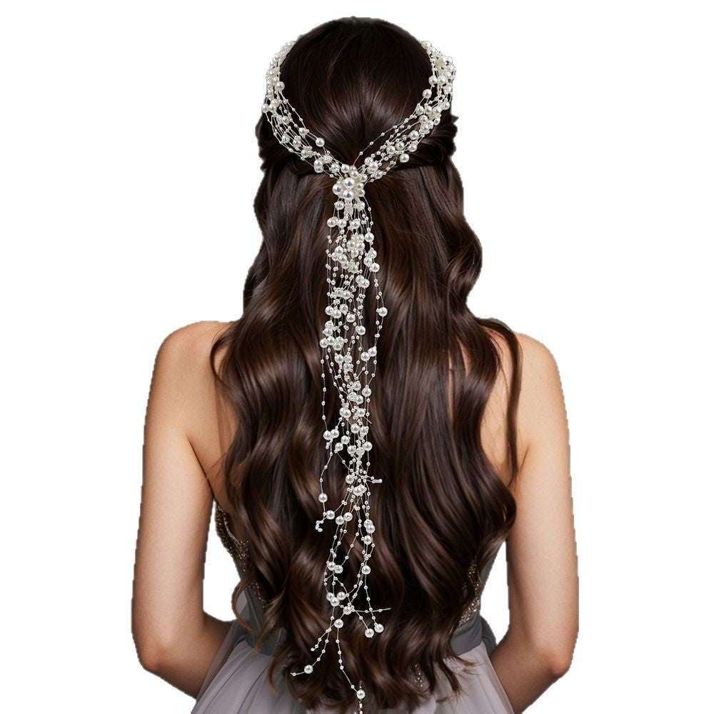 Silver pearl cascade bridal hair band