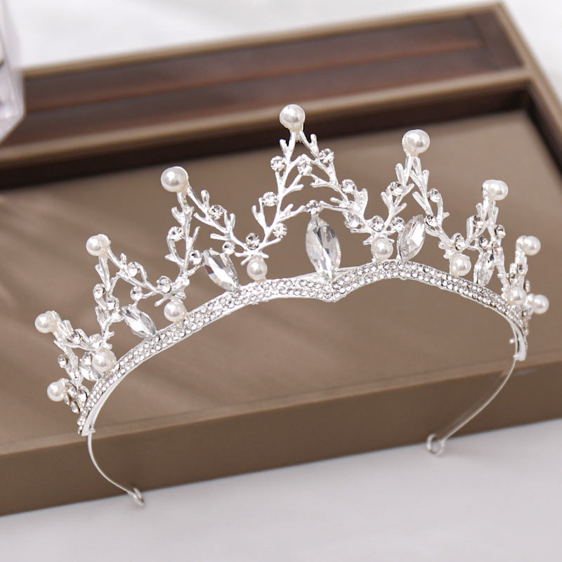 Vivienne silver-tone bridal tiara with botanical branches, pearl-inspired accents, and crystal-style details
