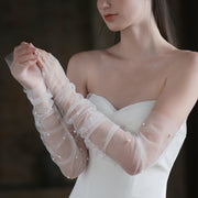 Isla long white sheer bridal gloves with gathered fabric and pearls