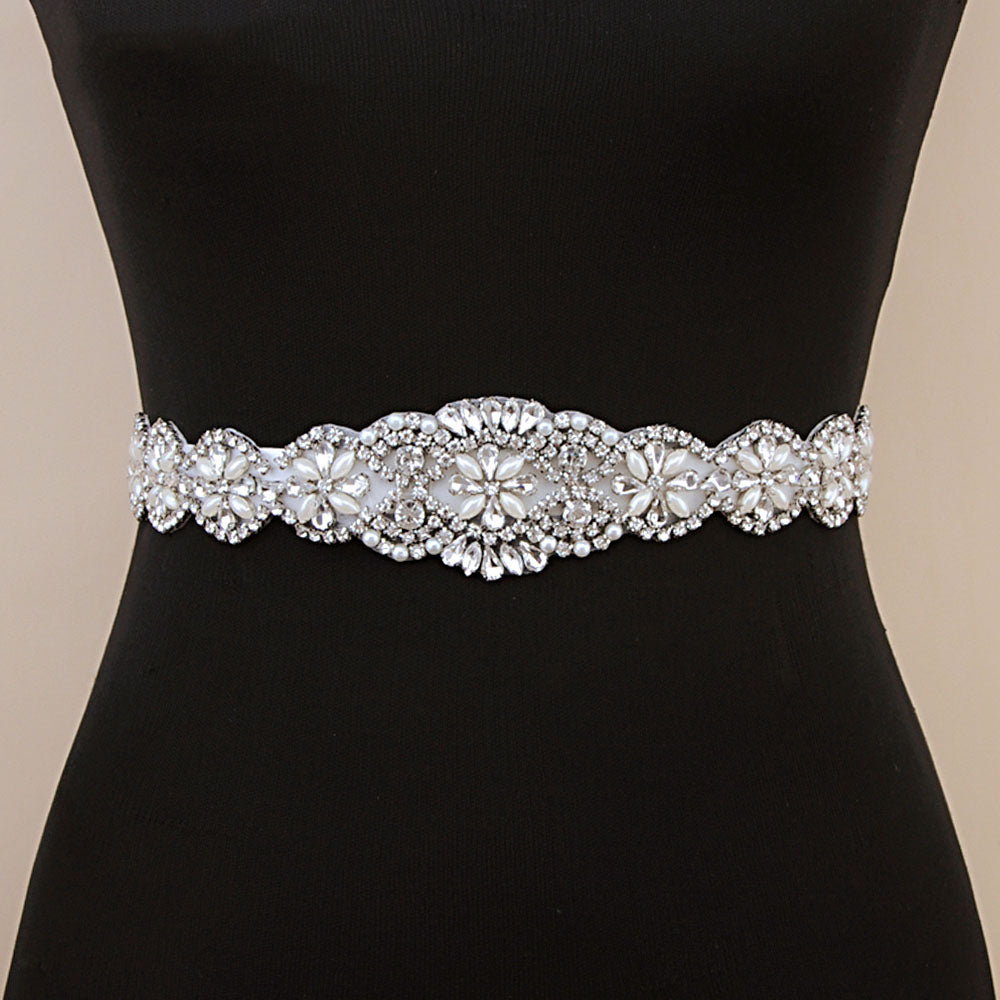 Celestine rhinestone crystal bridal sash with white ribbon