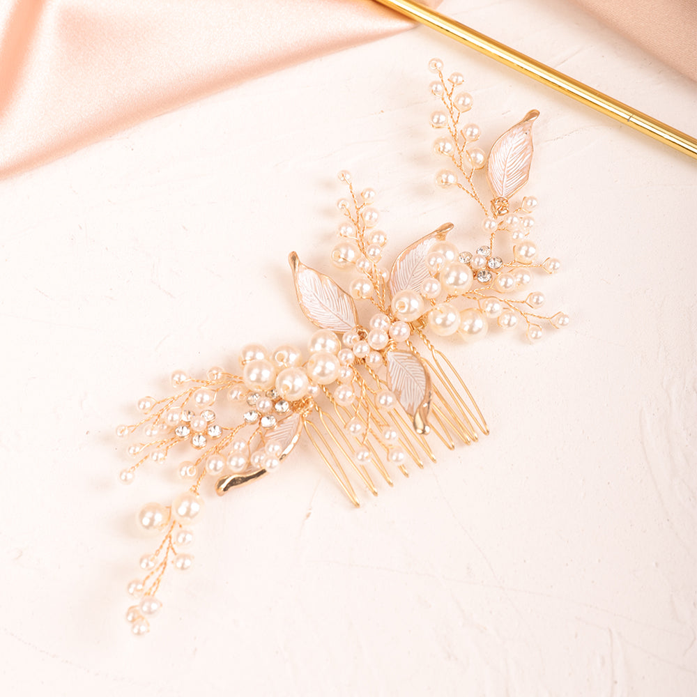 Gold bridal hair comb with leaf motifs and pearls