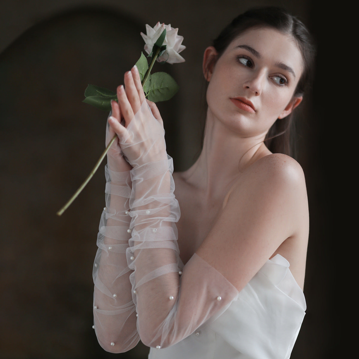Isla pearl-accented wedding gloves in delicate sheer polyester