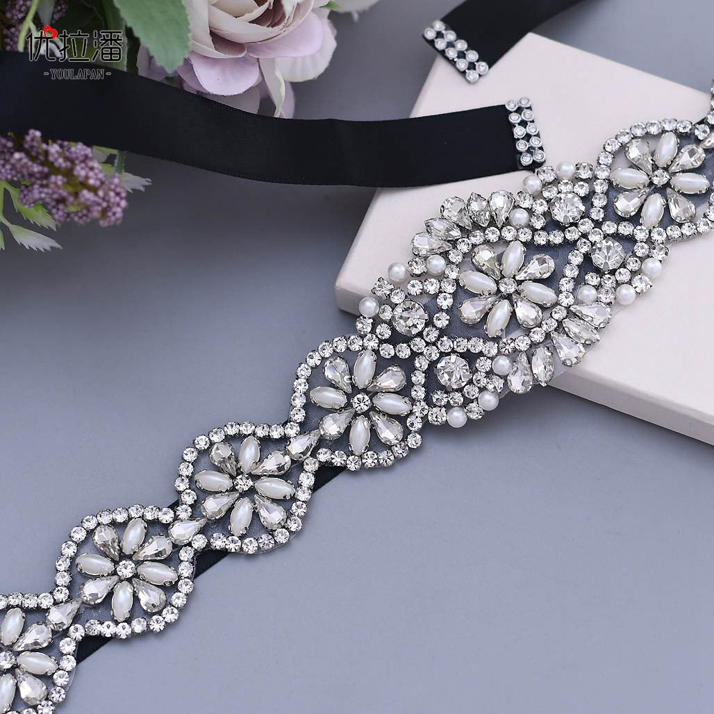 Sparkling wedding dress sash with adjustable white ribbon