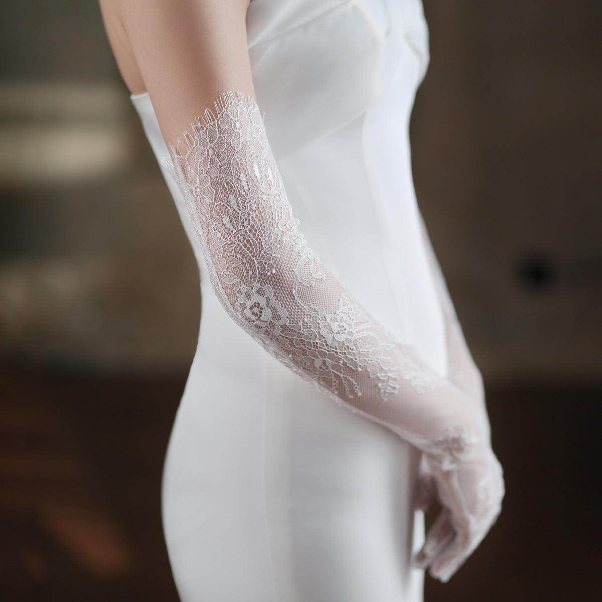 Florence floral lace bridal gloves in ivory white, product detail image