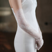 Florence floral lace bridal gloves in ivory white, product detail image