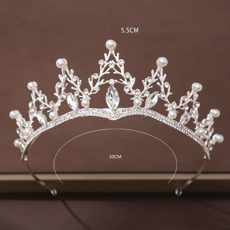 Vivienne Pearl Accent bridal tiara with silver-tone botanical branches, pearl-inspired beads, and 30 × 5.5 cm size markings