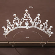 Vivienne Pearl Accent bridal tiara with silver-tone botanical branches, pearl-inspired beads, and 30 × 5.5 cm size markings