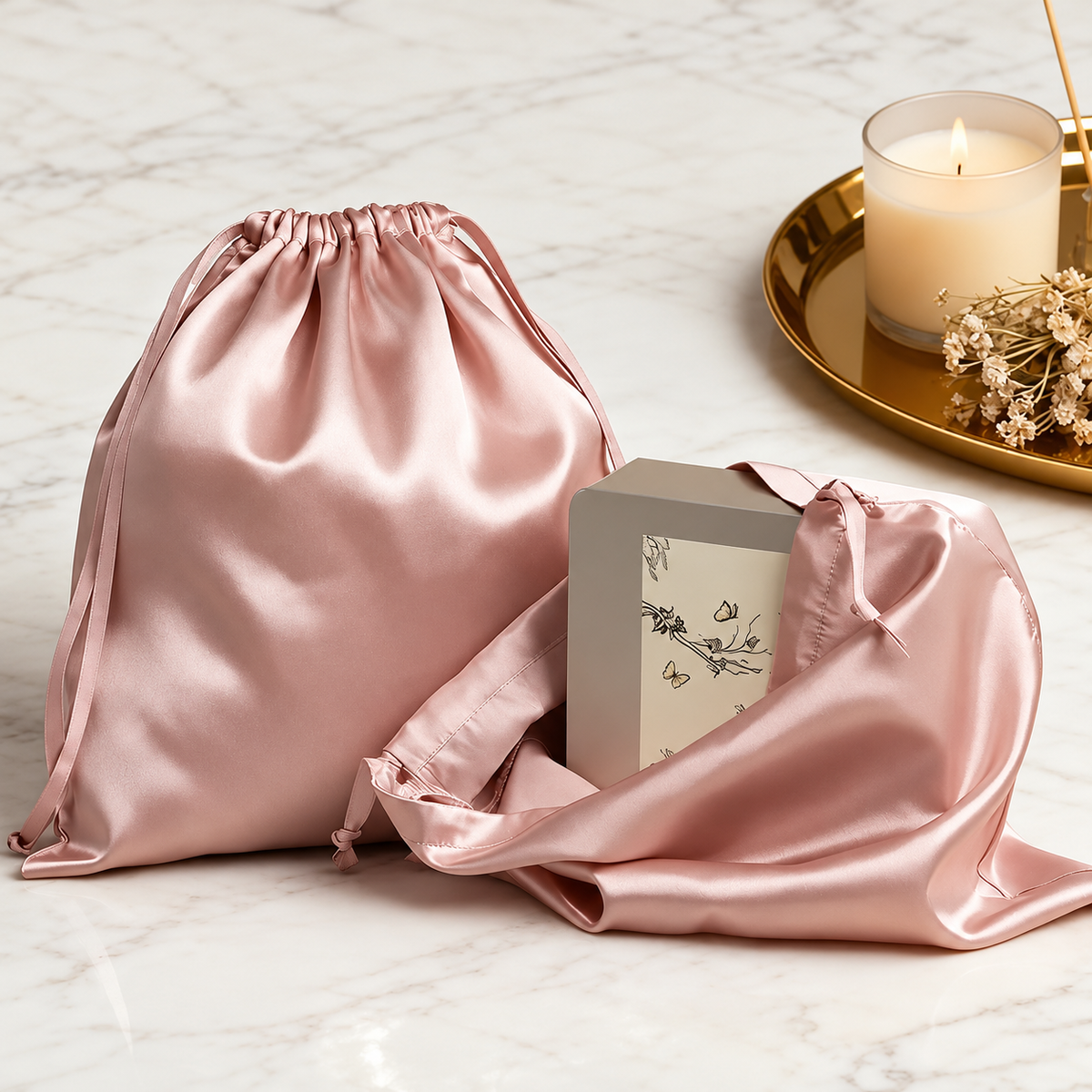 Blush satin gift bags styled beside a candle