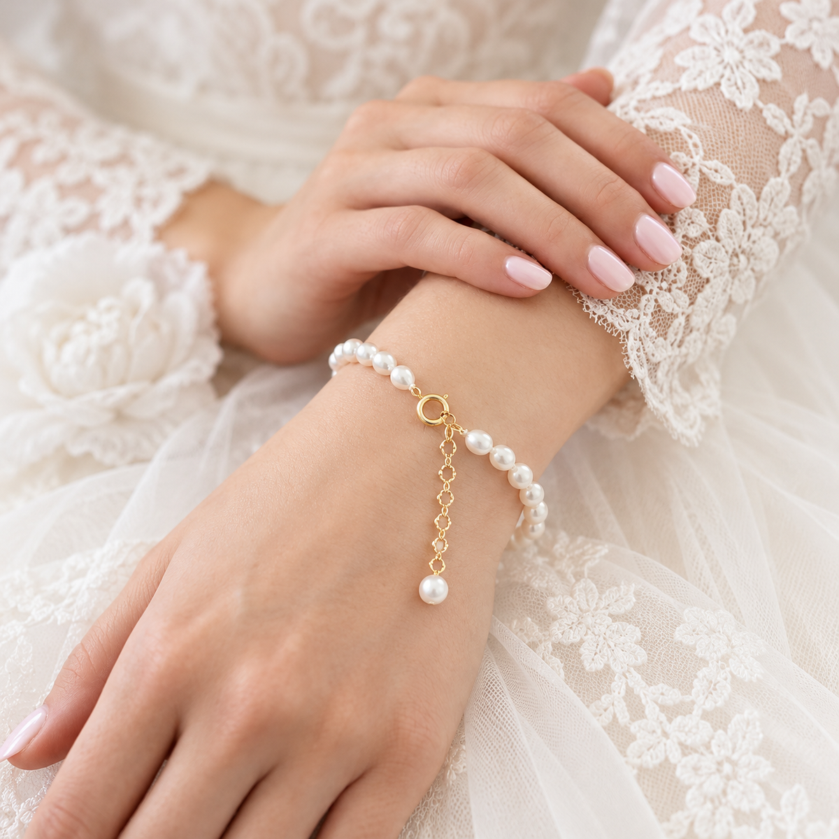 Model wearing the Camille pearl strand bridal bracelet with an ivory lace wedding dress