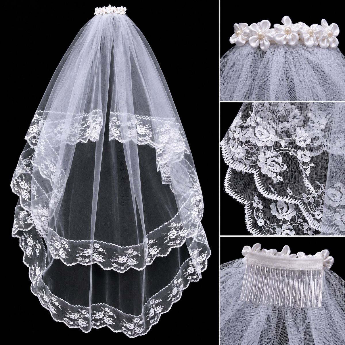 Bridal veil lace detail collage — Seraphine Double-Layer Floral Lace Bridal Veil