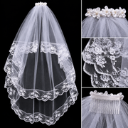 Bridal veil lace detail collage — Seraphine Double-Layer Floral Lace Bridal Veil