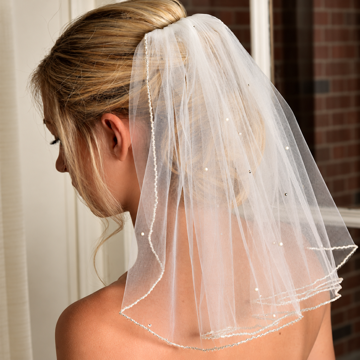 Bridal Veil with Pearl Details — The Elodie White Rhinestone Short Bridal Veil