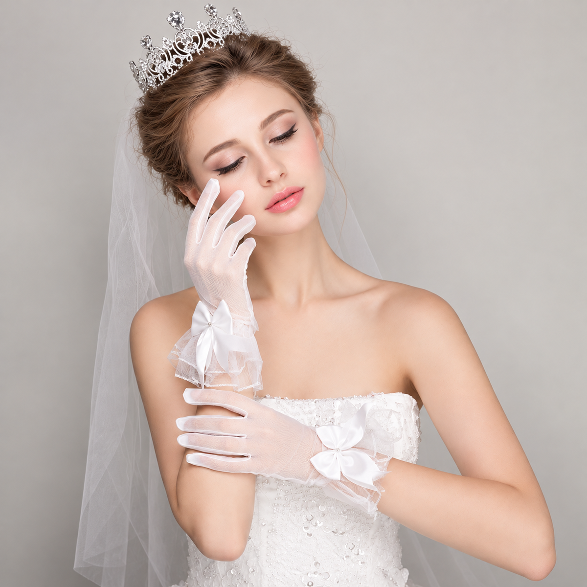 Dreamy tiara bridal portrait — Colette Sheer Bow Bridal Gloves