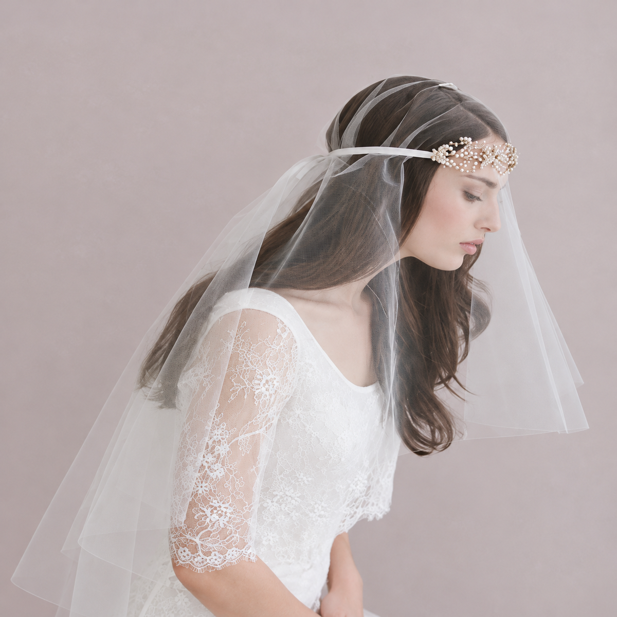Dreamy bridal portrait featuring a soft crystal-accented veil