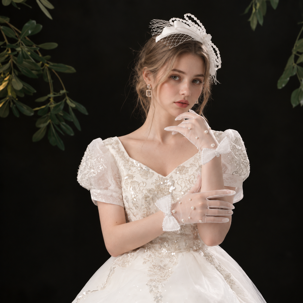 Bride wearing elegant gloves in a botanical portrait