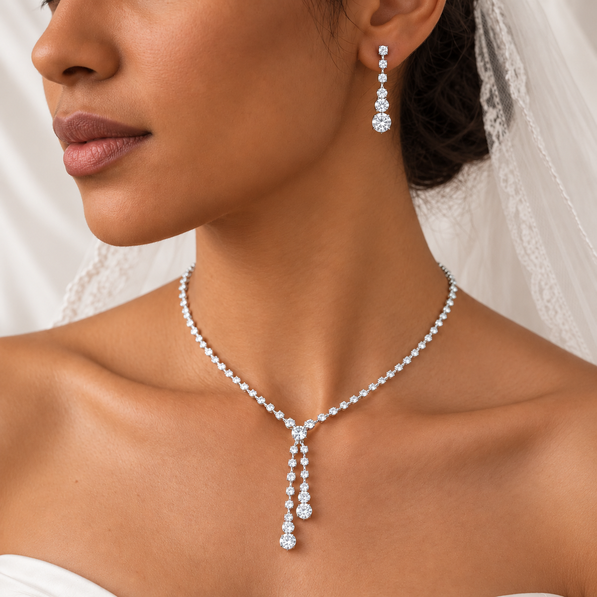 Bride wearing the Seraphina silver-tone crystal-style tassel necklace and matching long drop earrings