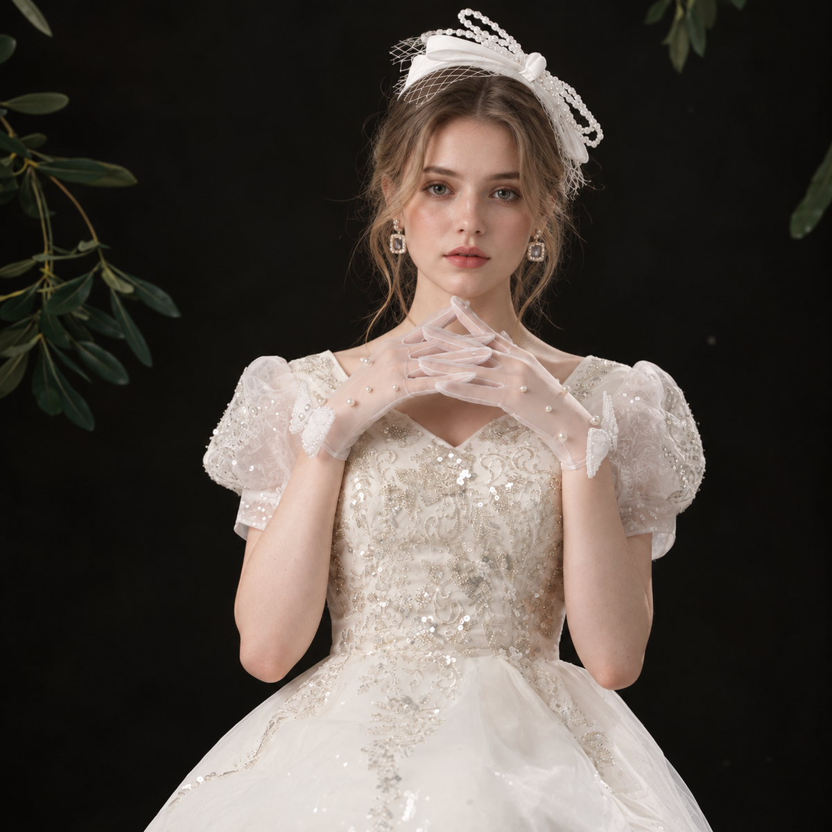 Bridal portrait highlighting pearl details on gloves