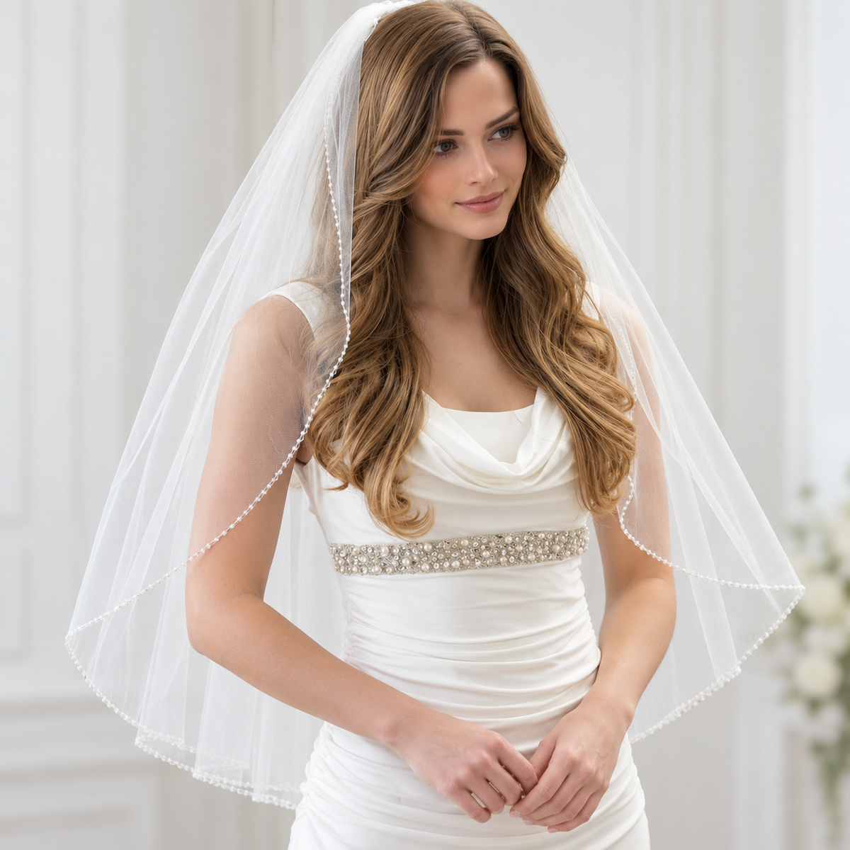Elegant bridal portrait with sparkling sash — Colette Crystal-Edge Fingertip Bridal Veil