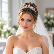 Bride wearing the Adeline floral crystal bridal tiara with sparkling rhinestone details, an elegant updo, and a white wedding veil