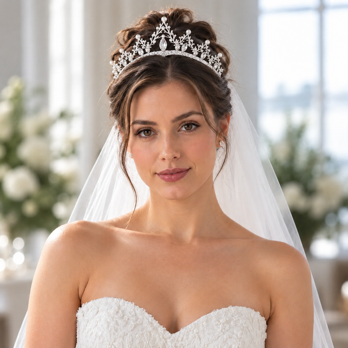 Bride wearing the Vivienne Crystal Classic bridal tiara with sparkling teardrop-shaped crystal-style accents and an elegant white veil
