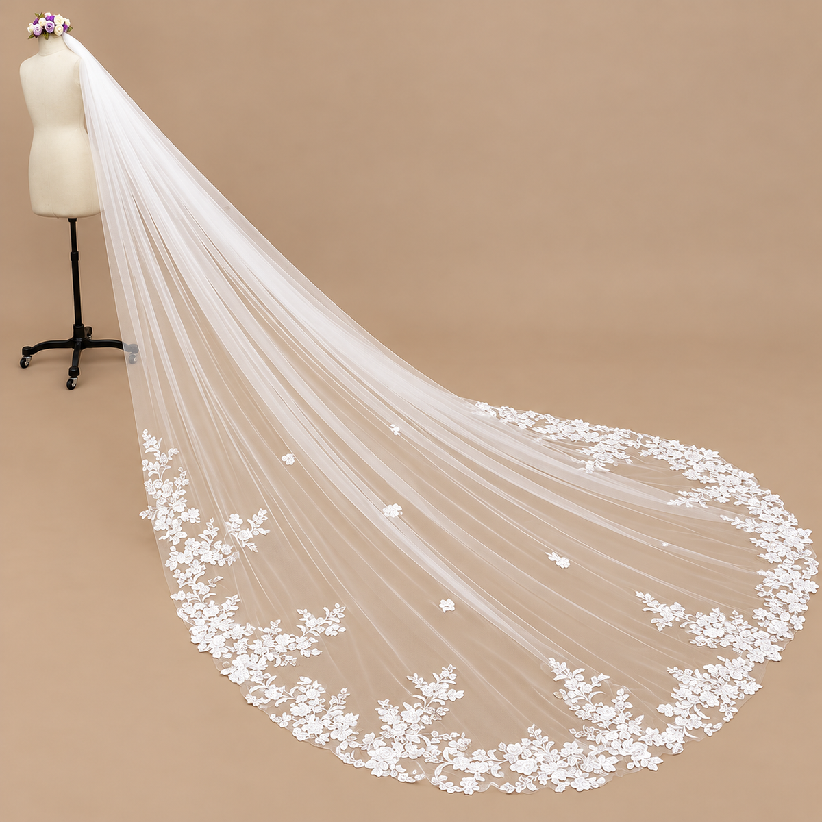 Elegant Bridal Veil Display — The Florence Floral Appliqué Cathedral Bridal Veil