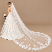 Elegant Bridal Veil Studio Portrait — The Florence Floral Appliqué Cathedral Bridal Veil