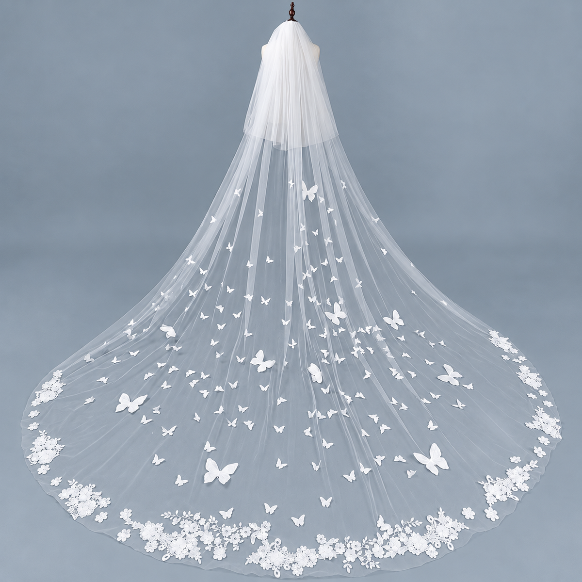 Elegant Butterfly Lace Cathedral Veil — The Elara 3D Butterfly Cathedral Bridal Veil