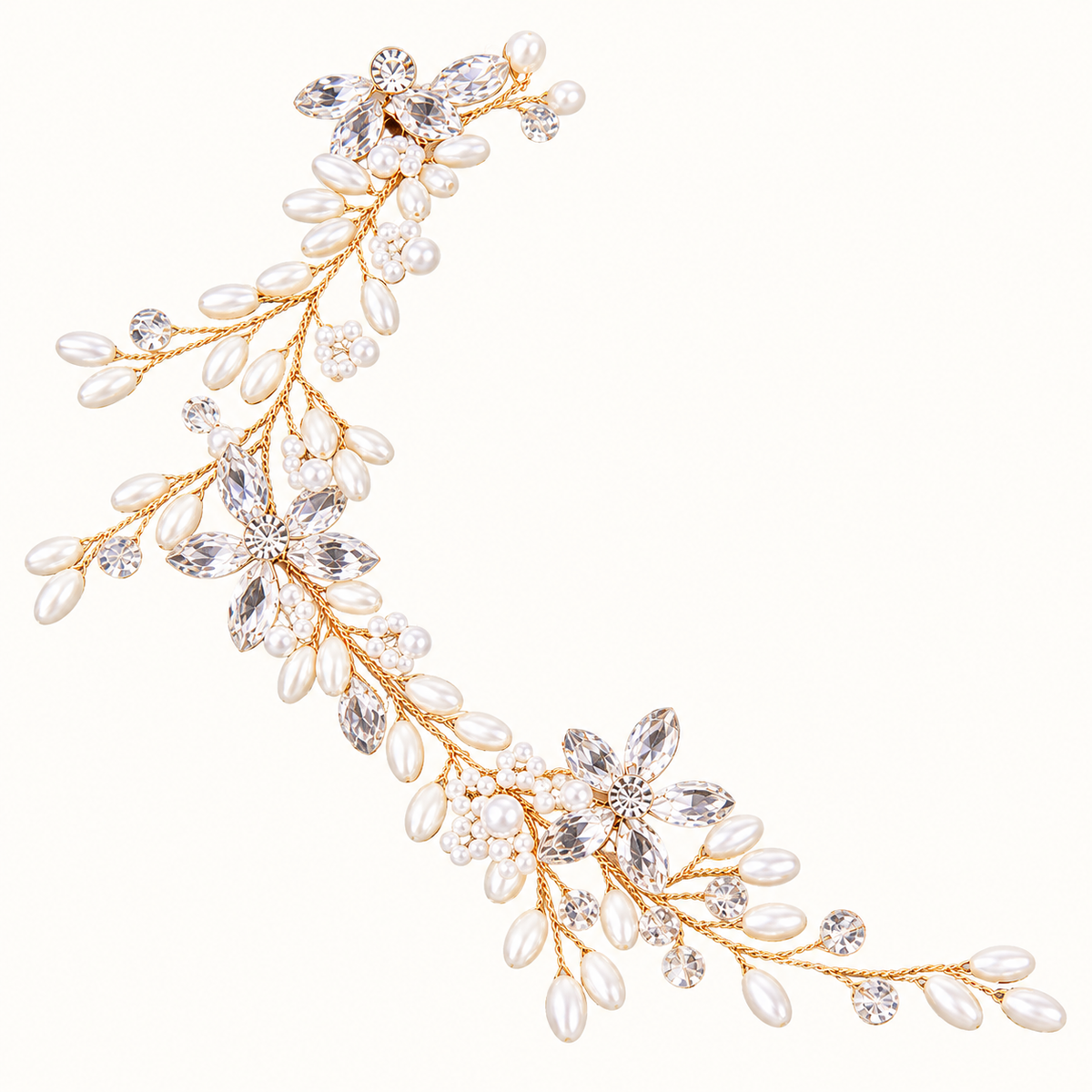 Elegant gold crystal bridal hair vine — Elowen Gold Pearl Leaf Bridal Hair Vine