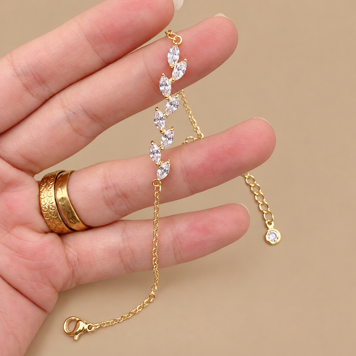 Elegant Gold Leaf Bracelet Display — The Delphine Crystal Leaf Bridal Bracelet