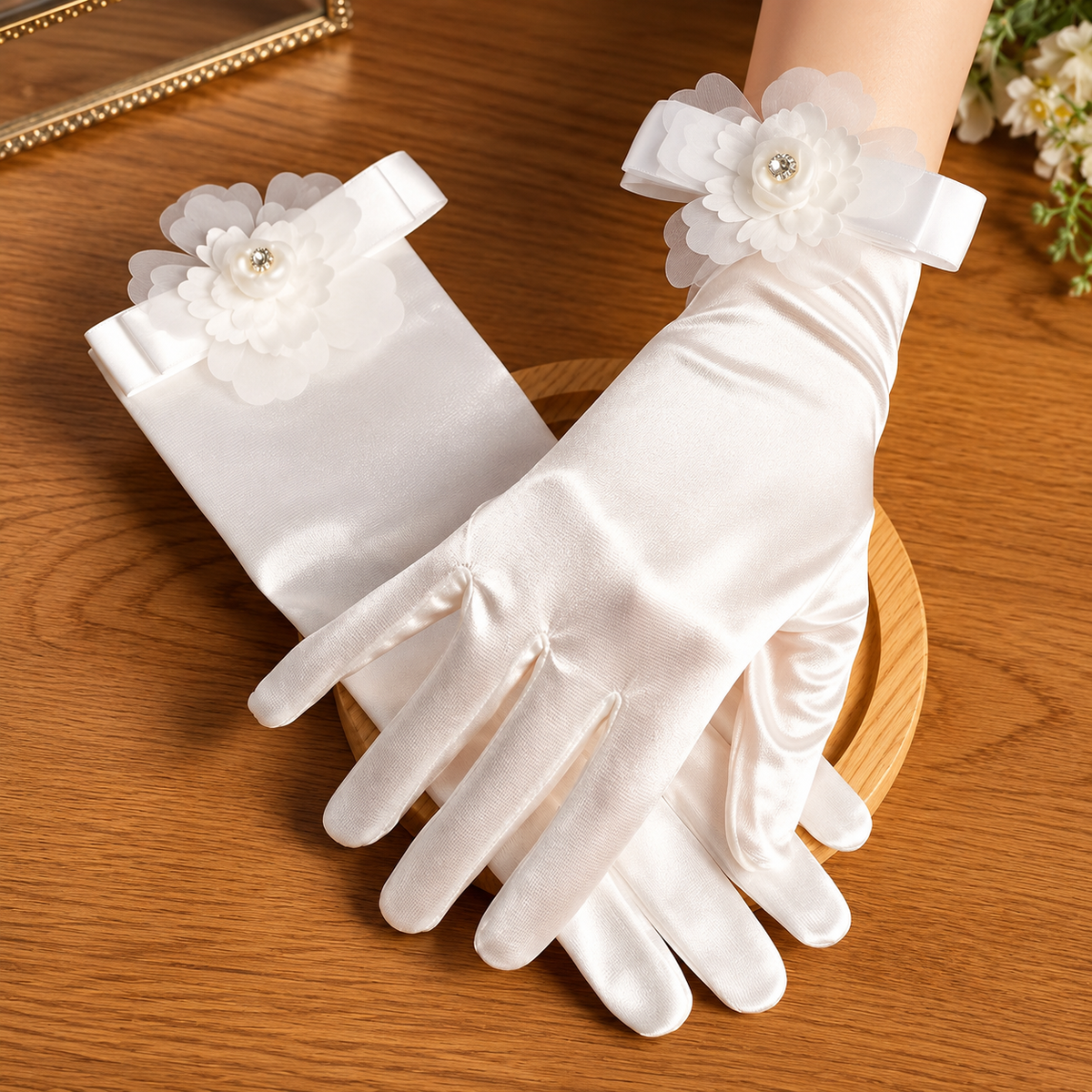 White satin bridal gloves arranged on a wooden surface