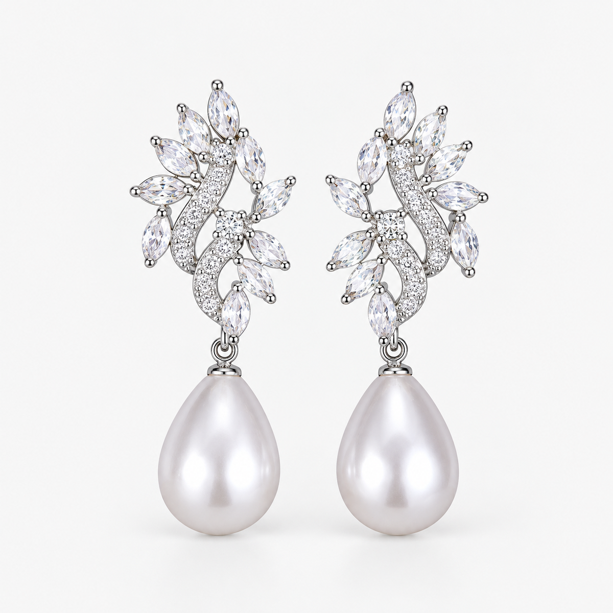 Elodie silver-tone leaf earrings with clear crystal-like accents and white teardrop pearl-style pendants