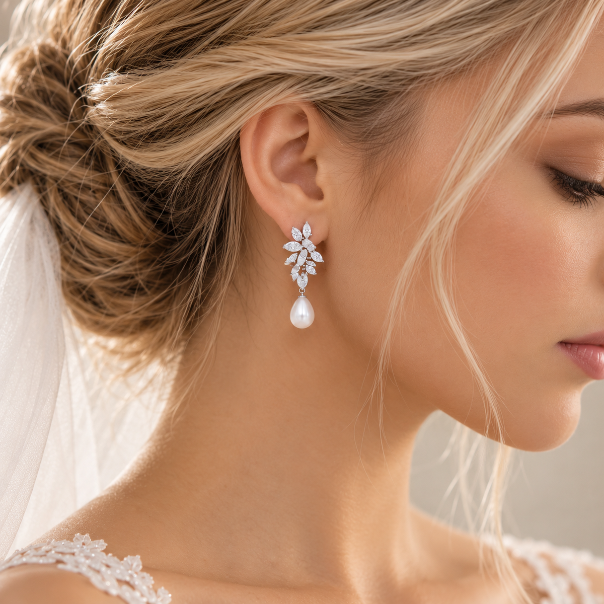 Elegant Pearl Bridal Earring Portrait — The Elodie Crystal Leaf Pearl Earrings