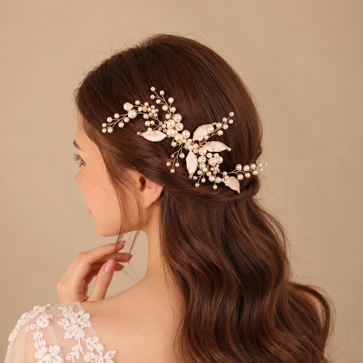 Lucienne gold pearl leaf bridal hair comb